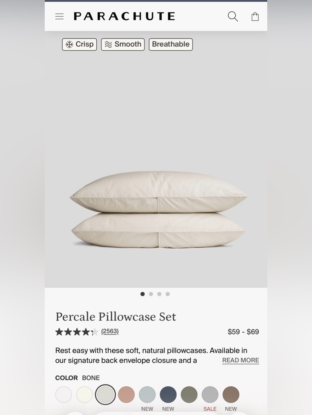 Parachute percale king size pillowcase set in color Bone
